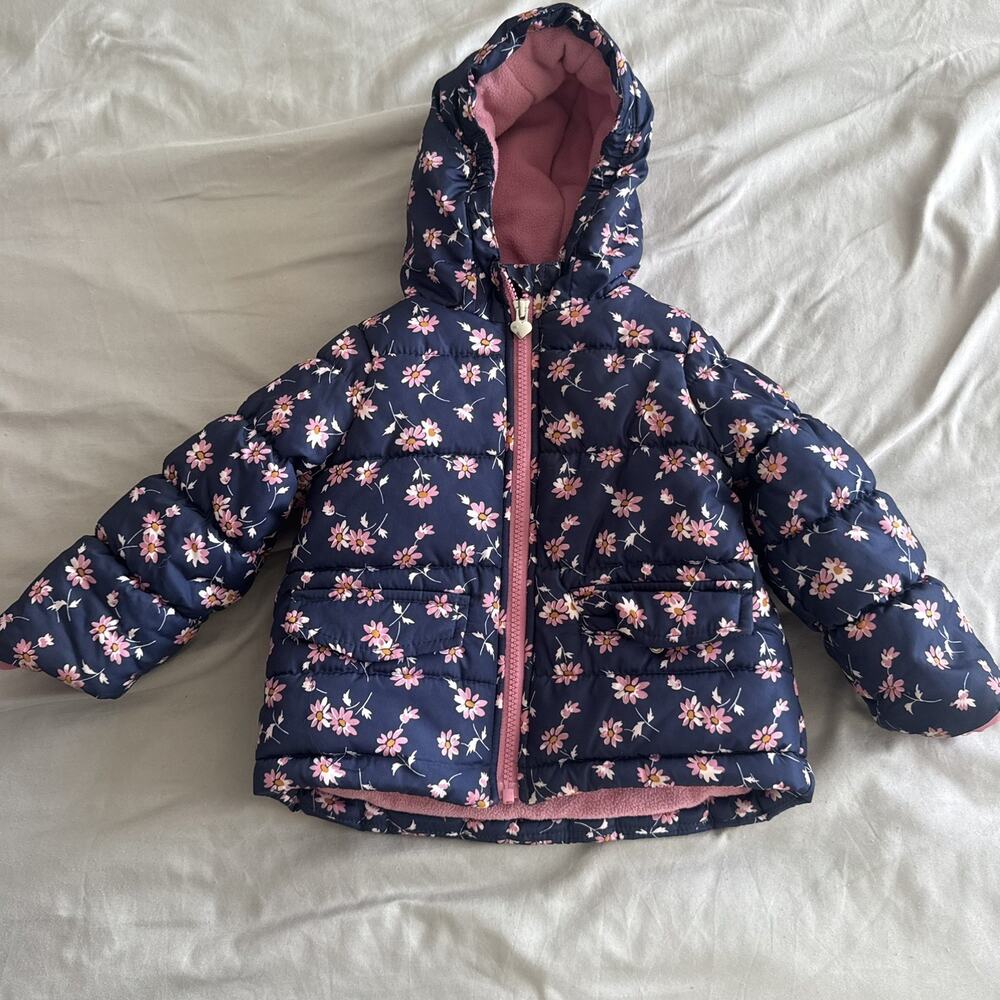 OshKosh B'gosh Girls 2T Floral Hooded Puffer Jacket Purple Zip Genuine Article